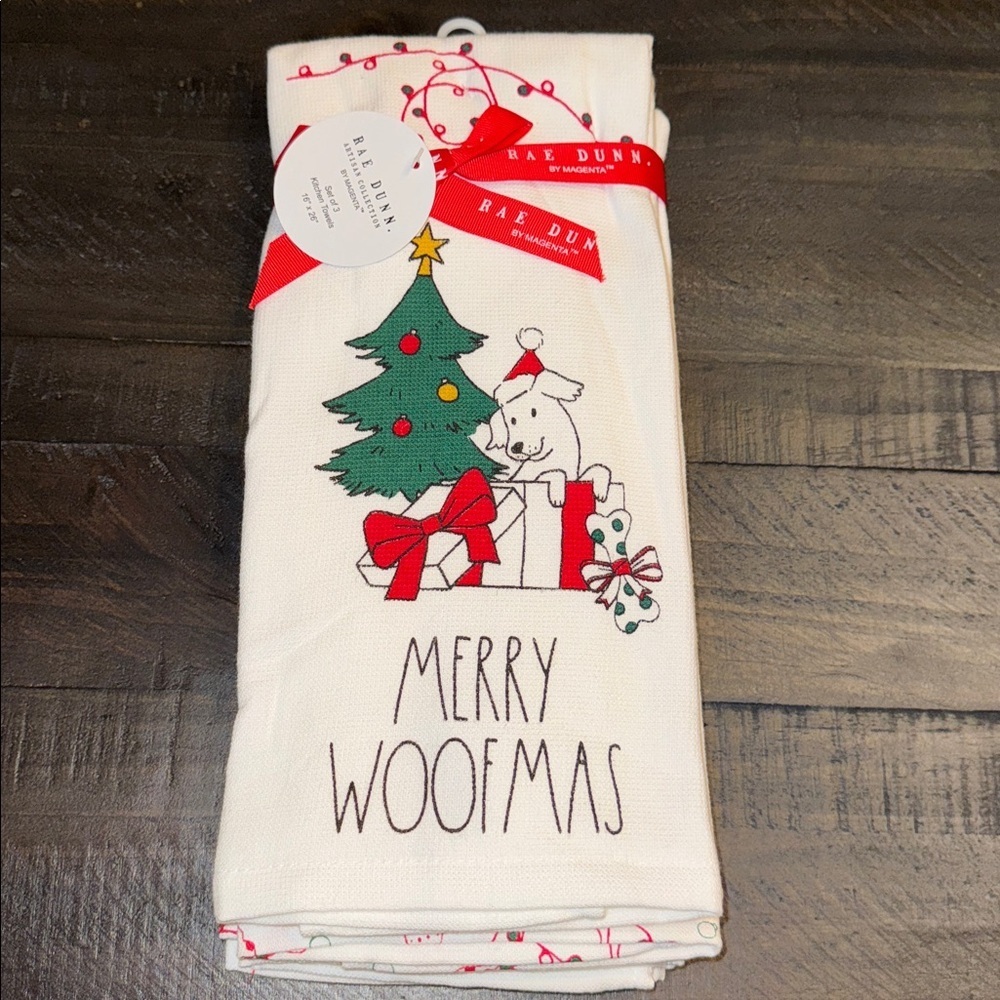 NWT Rae Dunn Merry Woofmas White Kitchen Towels Set of 3 16x26 Holiday/Christmas